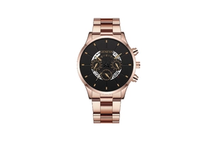 Detail of rose gold Geneva watch featuring three-dial display and date window