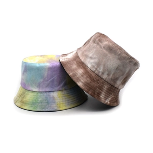 Double-sided tie-dye corduroy bucket hats in colorful macaron and vintage brown gradients