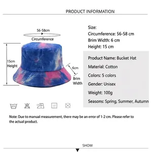 Tie-dye corduroy bucket hat size chart with dimensions for cap depth and circumference