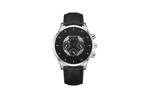 Detail view of the black dial with blue markers and leather strap on the Geneva watch