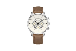 Detail of Geneva business watch showing brown leather strap and classic white dial