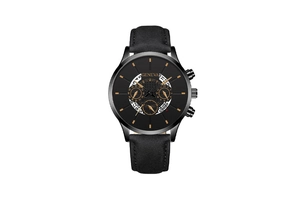 Detail showing Geneva men's watch with three sub-dials and black leather strap
