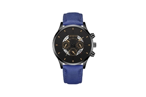 Detail of blue leather strap with stitching and black metal case of Geneva quartz watch