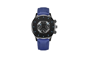 Detail of Geneva black quartz watch with three sub-dials and blue textured leather strap