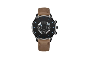 Detail of Geneva quartz watch featuring a black dial with sub-dials and brown leather strap