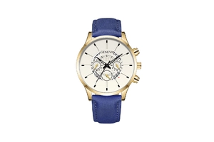 Detail of gold quartz watch case with blue leather strap and three-eye white dial