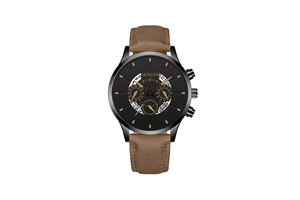 Close-up of Geneva men's quartz watch with black dial, date window, and brown leather strap
