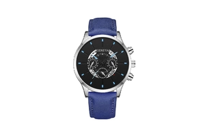 Detail of Geneva business watch with blue leather strap and three-eye black dial