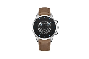 Detail of Geneva quartz watch featuring a black dial with blue markers and brown leather strap