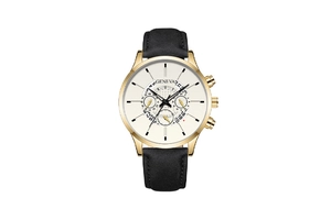 Detail of Geneva quartz watch with gold-tone case, cream dial and black leather strap