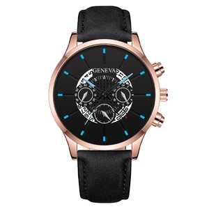Geneva rose gold men's business watch with black leather strap and blue dial markers