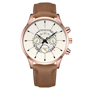 Classic men's quartz watch with rose gold case, white dial, and brown leather strap