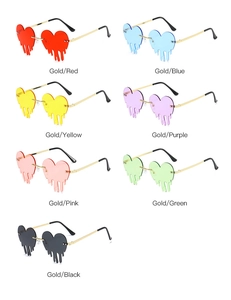 Colorful heart-shaped melting sunglasses with gold metal temples in seven distinct colors