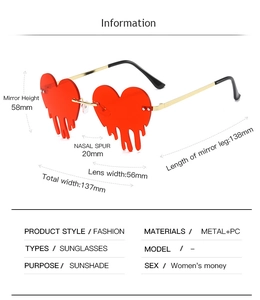Detailed size specifications for heart-shaped rimless sunglasses with metal temples