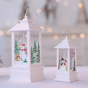 White Christmas LED lanterns with snowman and festive illustrations in cozy warm lighting