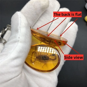 Detail showing the flat back and side view of yellow resin scorpion amber keychain