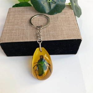 Detailed macro view of a real green beetle specimen inside a drop-shaped amber keychain