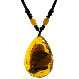 Teardrop amber pendant with real butterfly specimen on brown woven cord necklace