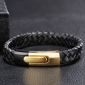 Bracelet tressé pour homme en cuir noir avec un fermoir magnétique bicolore noir et doré