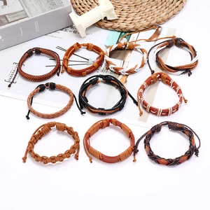 10-piece set of retro woven leather bracelets with multi-layer punk braids and adjustable cords