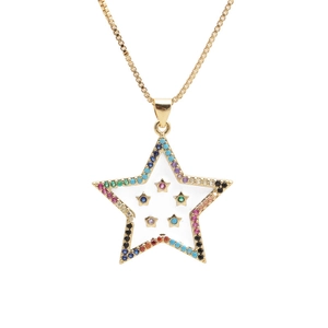 Chic star and moon necklace featuring multi-colored crystals and a white enamel star charm