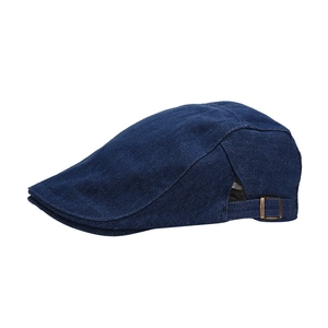 Vintage navy blue washed denim flat cap with adjustable metal side buckle for men