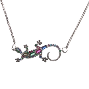 Silver lizard pendant necklace with vibrant multi-color zircon stones for women