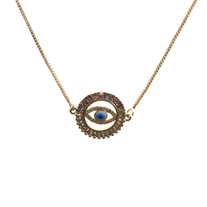 Golden Evil Eye pendant necklace with colorful gemstones and crystal border for women