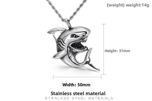 Detail of titanium steel shark pendant with dimensions 50mm by 31mm and rope chain