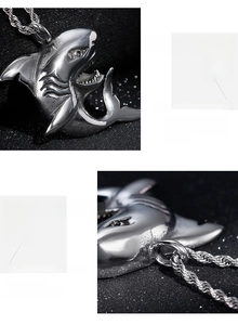 Detailed relief of shark pendant with polished smooth back on heavy twisted rope chain