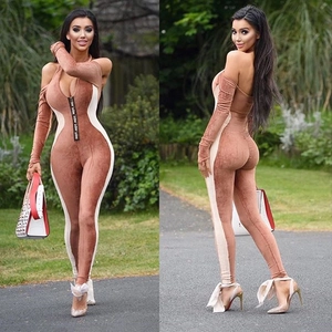 Combinaison Sexy Épaules Dénudées Femmes Velours Manches Longues Color Block Imprimé Lettres Fermeture Éclair Streetwear