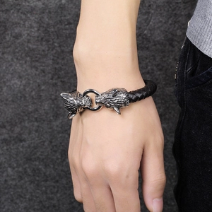 Bracelet vintage pour homme en cuir tressé avec double tête de loup en acier inox