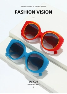 Detailed view of fashion sunglasses with wide temples and UV cut protection in bright colors