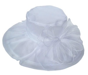 Detail of white organza sun hat featuring an elegant layered mesh floral bow accessory