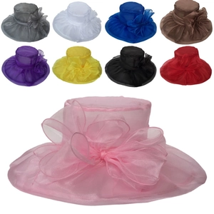 Close-up of wide-brim organza sun hat featuring decorative flower and multi-color options
