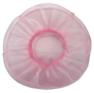 Detail of pink organza sun hat featuring breathable mesh fabric and elastic design