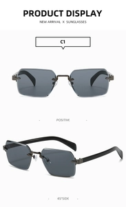 Vue détaillée des lunettes de soleil carrées sans monture avec verres gris foncé