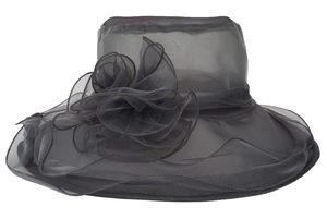 Detailed view of the layered organza flower on an elegant dark grey sun hat