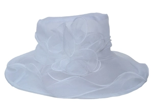 Detail of white organza sun hat with large floral petal decor and delicate mesh brim