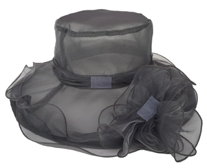 Detail of dark grey organza sun hat showing handcrafted flower and fine edge stitching