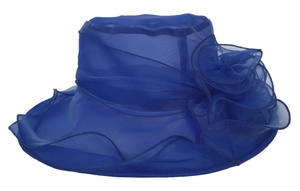 Detailed side view of navy blue organza sun hat with layered floral mesh decoration