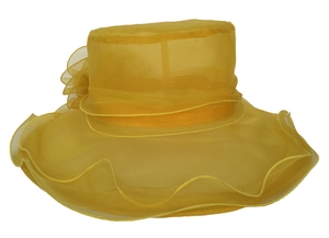 Detail of yellow organza sun hat with wavy brim and 3D floral decoration