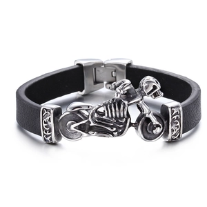 Punk rocker leather bracelet with stainless steel motorcycle skull charm for men