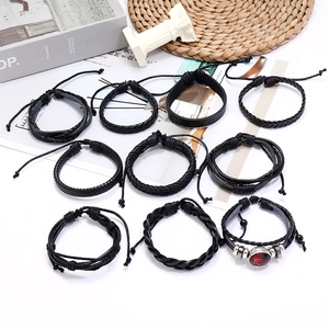 Set of 10 black braided leather bracelets for men featuring adjustable drawstring closures