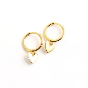 Minimalist gold S925 silver hoop earrings with heart-shaped pendants on white background