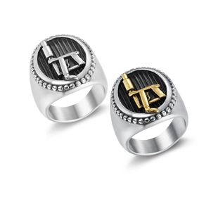 Retro tattoo machine logo ring for men in silver and two-tone gold stainless steel finish