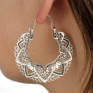 Vintage silver hollow heart hoop earrings with bohemian mandala pattern for women