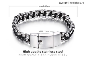Detail view of woven leather and stainless steel men's bracelet with size specs