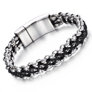 Handwoven black leather and silver stainless steel men's bracelet with magnetic clasp