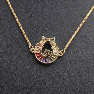 Golden crown necklace with colorful rectangular gemstones and zircons on black leather